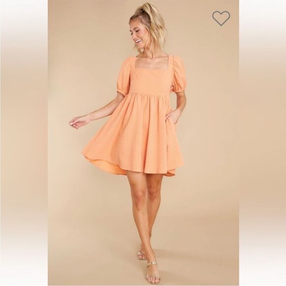 Mable One Kiss Away Peach Square Neck Puff Sleeve Babydoll Mini Dress size S - Picture 3 of 13